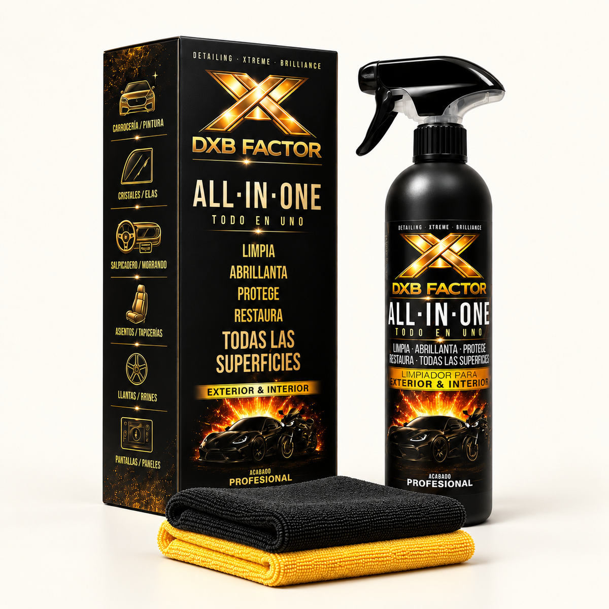 DXB FACTOR ALL IN ONE: 500 ml car cleaner with box and two microfiber cloths