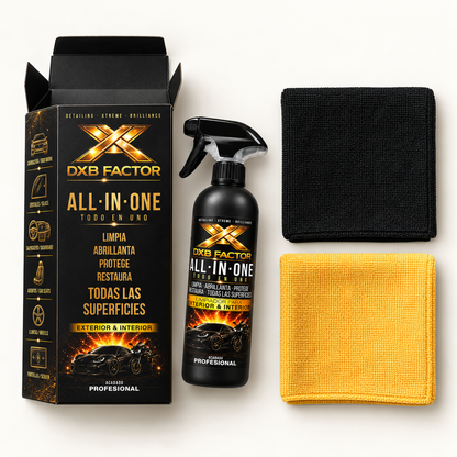 ALL IN ONE box contents: 500 ml bottle, black and yellow microfiber cloths