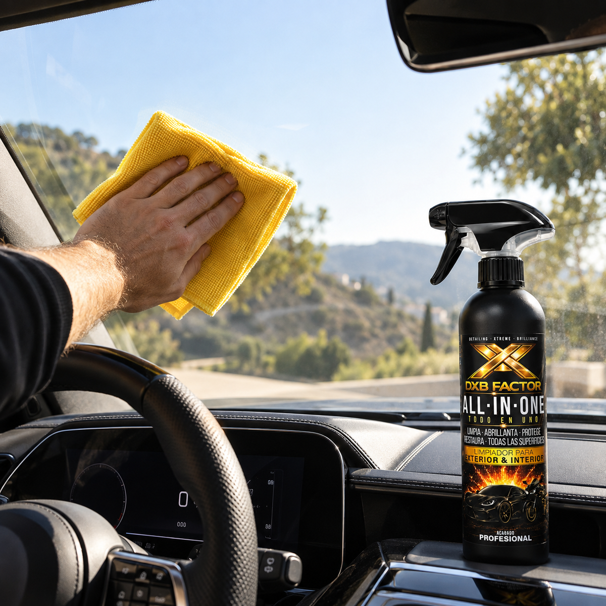 Streak-free clean windshield after using ALL IN ONE with the yellow microfiber cloth