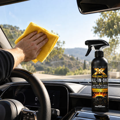Streak-free clean windshield after using ALL IN ONE with the yellow microfiber cloth
